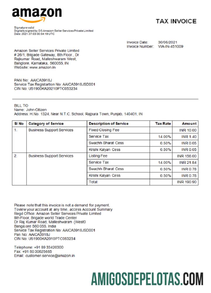 Fatura da empresa multinacional americana de tecnologia Índia Amazon exemplo real